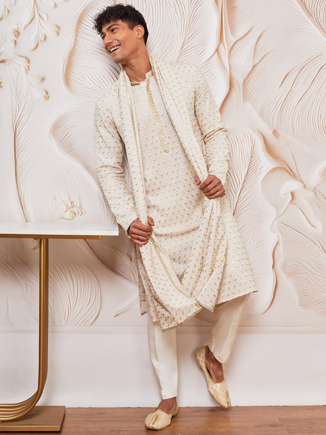 Men's Off White Chikankari Embroidered Kurta Set with Cream Satin Pyjama & Embroidered Dupatta