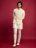 Men's Off White Chikankari Nehru Jacket with Cream Satin Kurta Pant Set