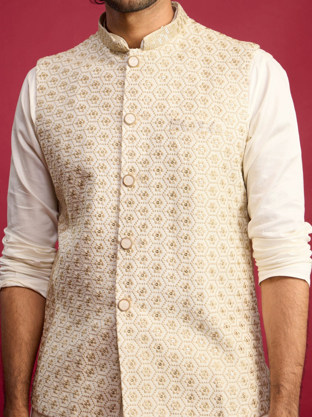 Men's Off White Chikankari Nehru Jacket with Cream Satin Kurta Pant Set