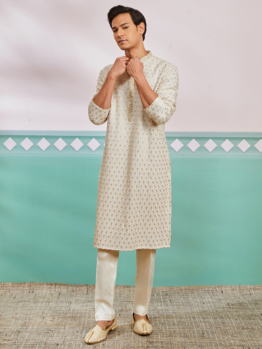 Men's Off White Chikankari Rayon Kurta with Cream Fine Satin Pyjama