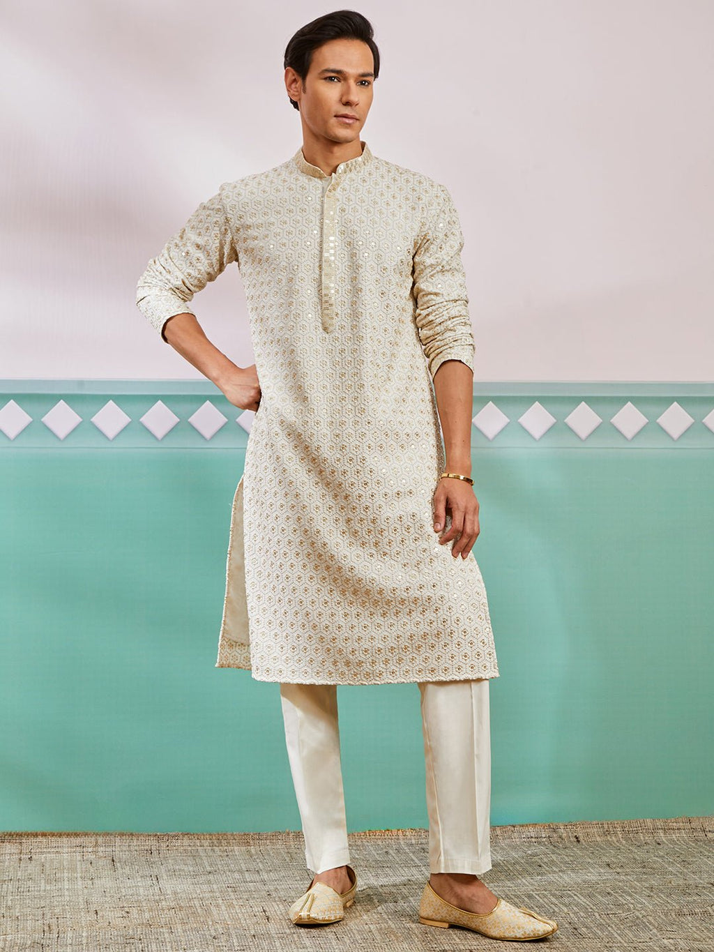Men's Off White Chikankari Rayon Kurta with Cream Fine Satin Pyjama