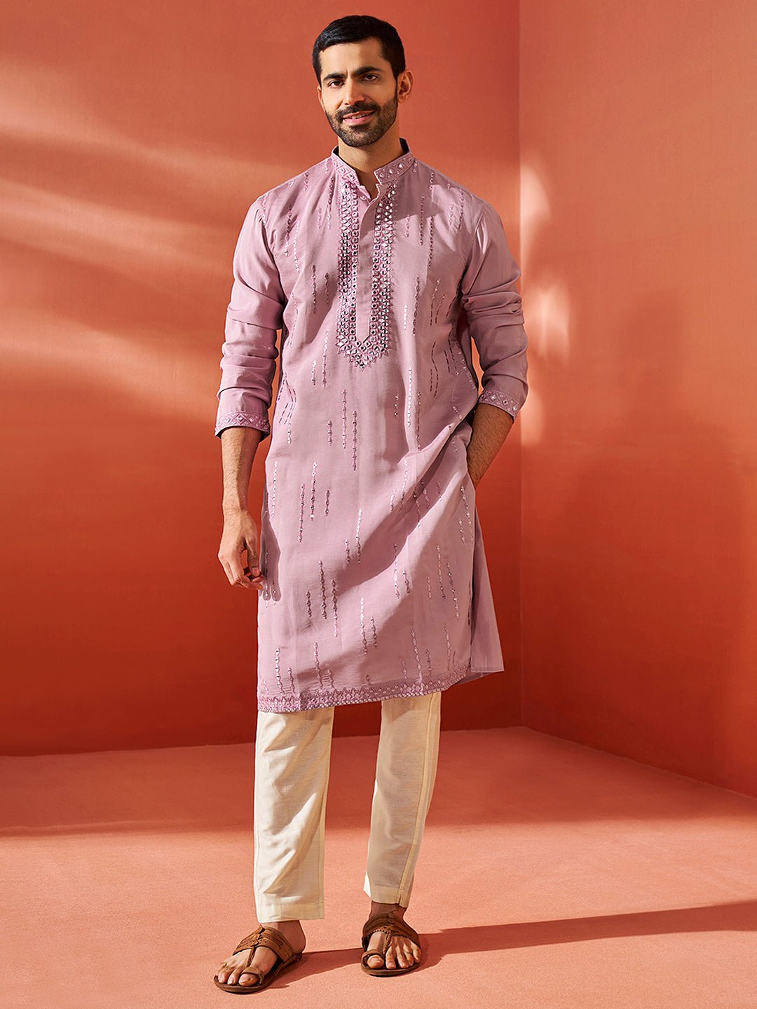 Men's Onion Fendi Silk Mirror Work Embroidered Kurta with Cream Satin Pyjama