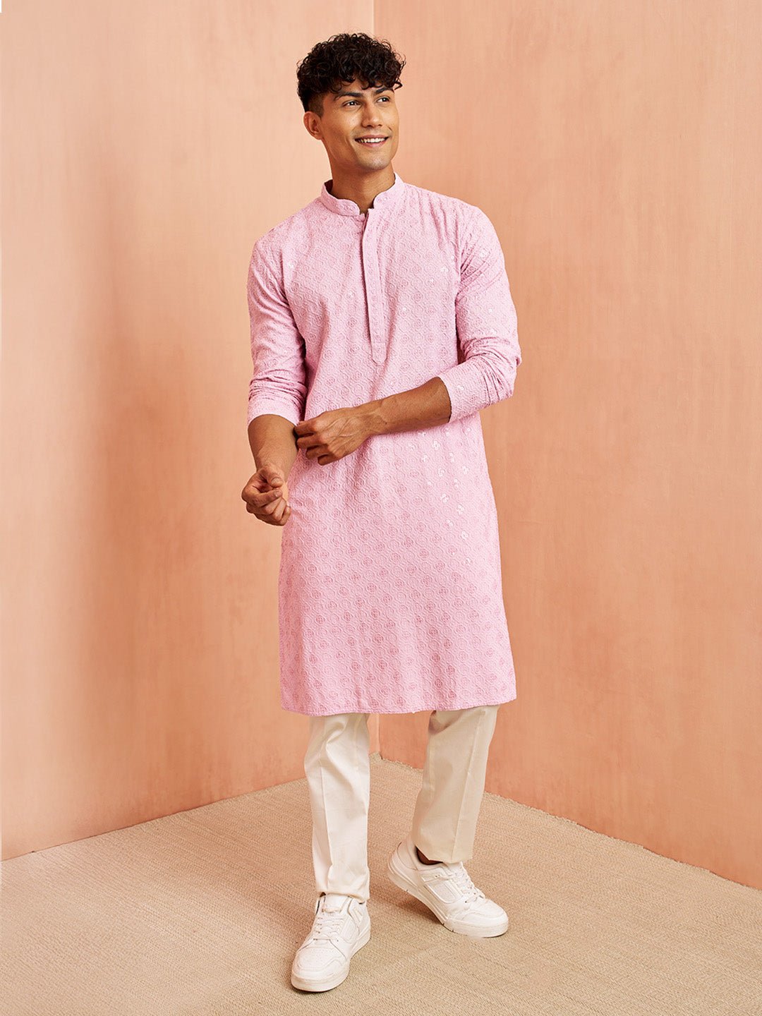 Men's Onion Rayon Chikankari Sequin Embroidered Kurta Pyjama Set