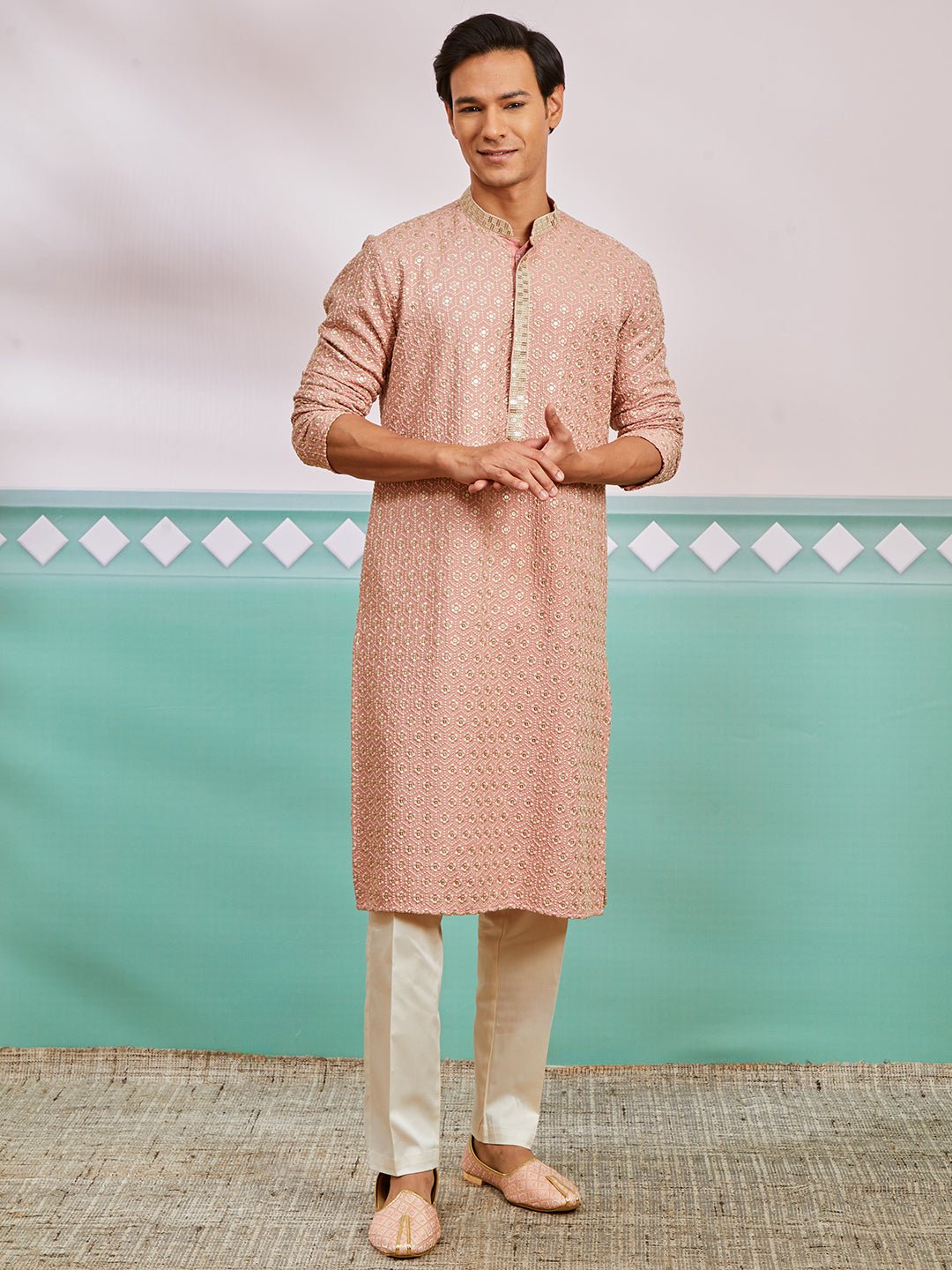 Men's Peach Chikankari Rayon Kurta with Cream Fine Satin Pyjama