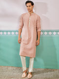 Men's Peach Chikankari Rayon Kurta with Cream Fine Satin Pyjama