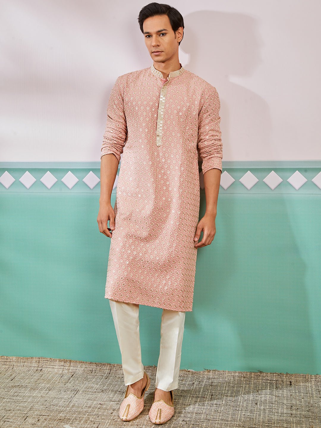 Men's Peach Chikankari Rayon Kurta with Cream Fine Satin Pyjama