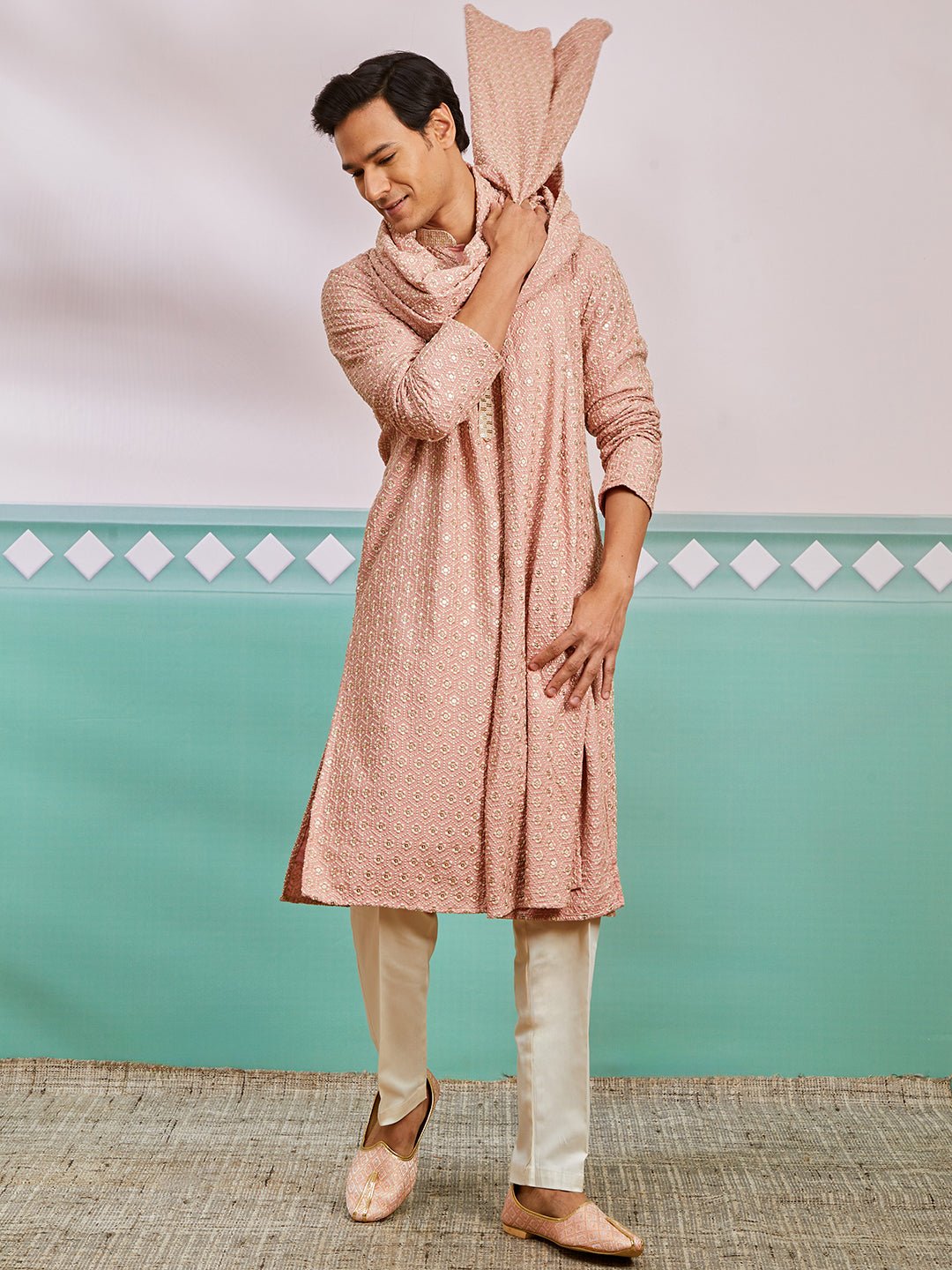 Men's Peach Chikankari Rayon Kurta with Cream Pyjama & Peach Embroidered Dupatta