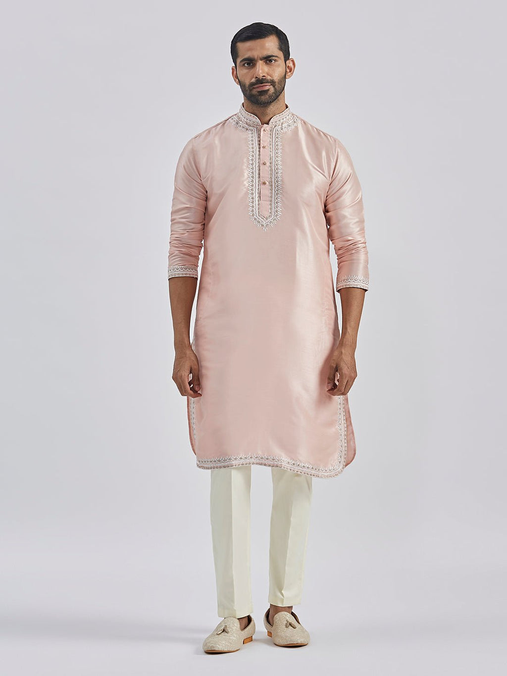 Men's Peach Hand Embroidered Silk Blend Kurta Pyjama Set