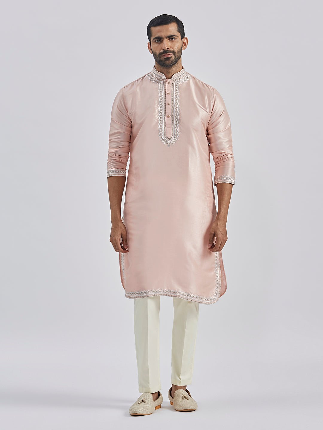 Men's Peach Hand Embroidered Silk Blend Kurta Pyjama Set