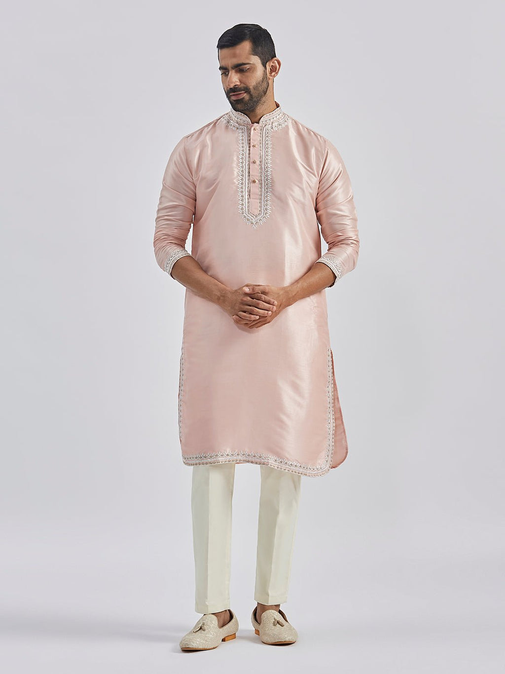 Men's Peach Hand Embroidered Silk Blend Kurta Pyjama Set