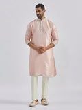 Men's Peach Hand Embroidered Silk Blend Kurta Pyjama Set