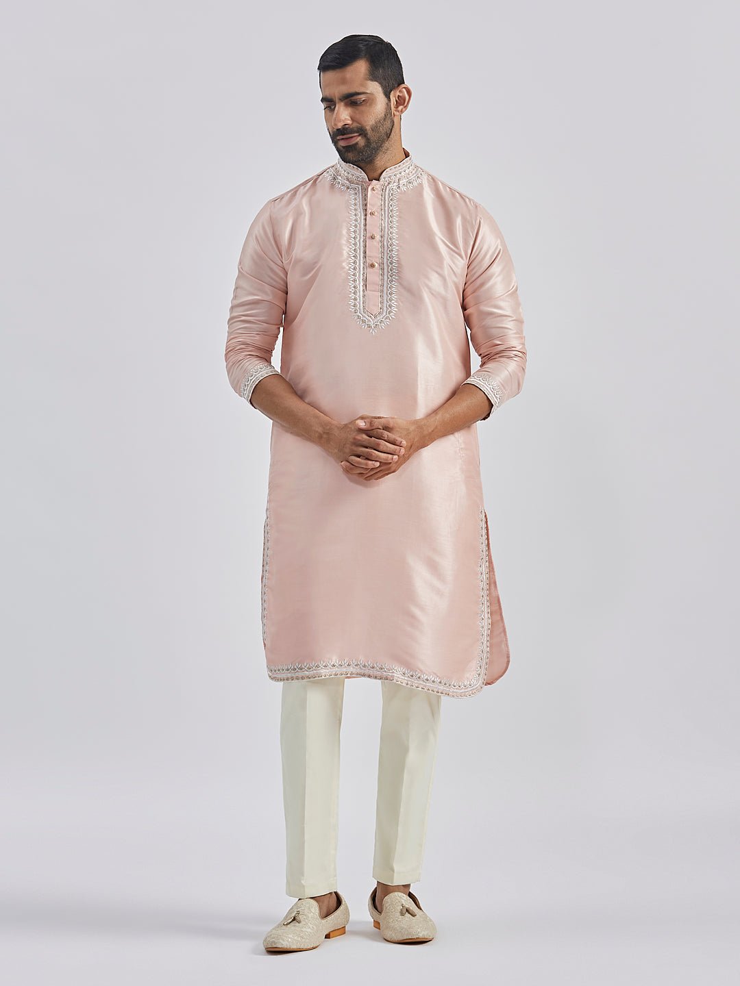 Men's Peach Hand Embroidered Silk Blend Kurta Pyjama Set
