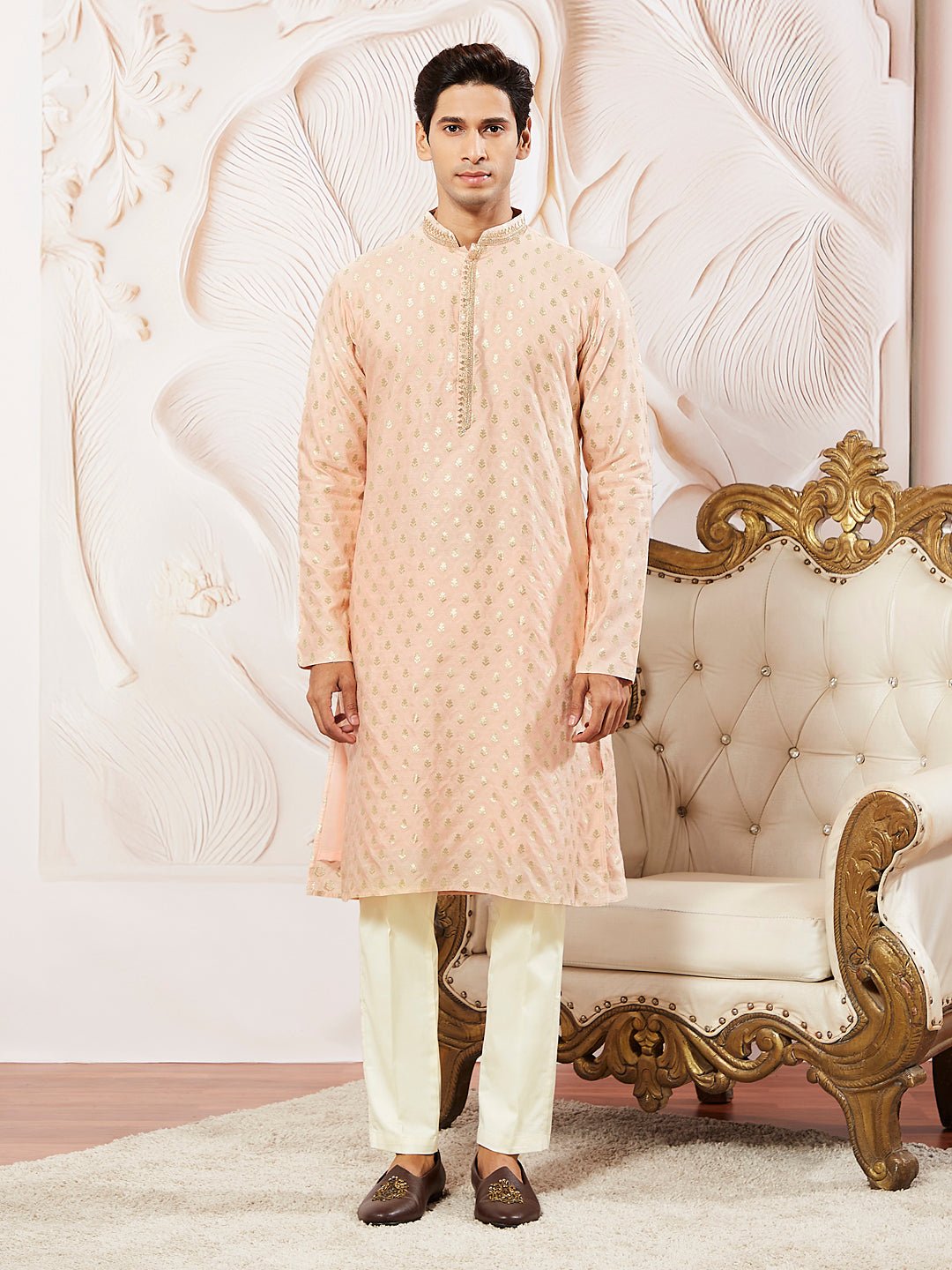 Men's Peach Jacquard Silk Blend Kurta Pyjama Set