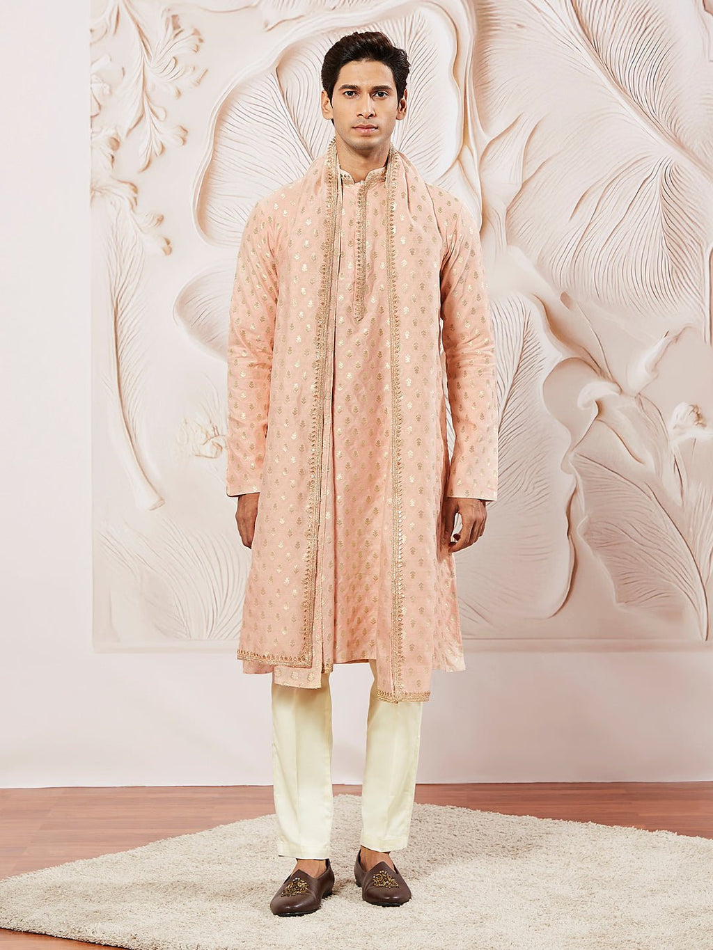 Men's Peach Kurta Pyjama with Woven Dupatta Set