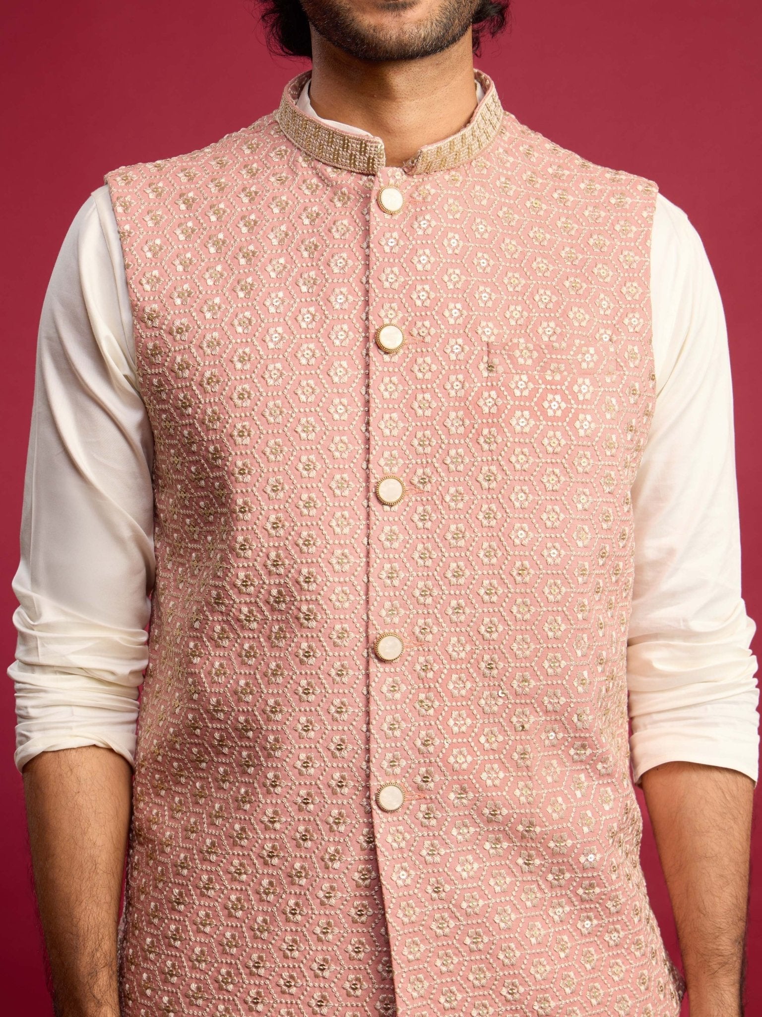 Men's Peach Sequin & Thread Embroidered Nehru Jacket with Cream Satin Kurta & Pants Set