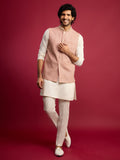 Men's Peach Sequin & Thread Embroidered Nehru Jacket with Cream Satin Kurta & Pants Set