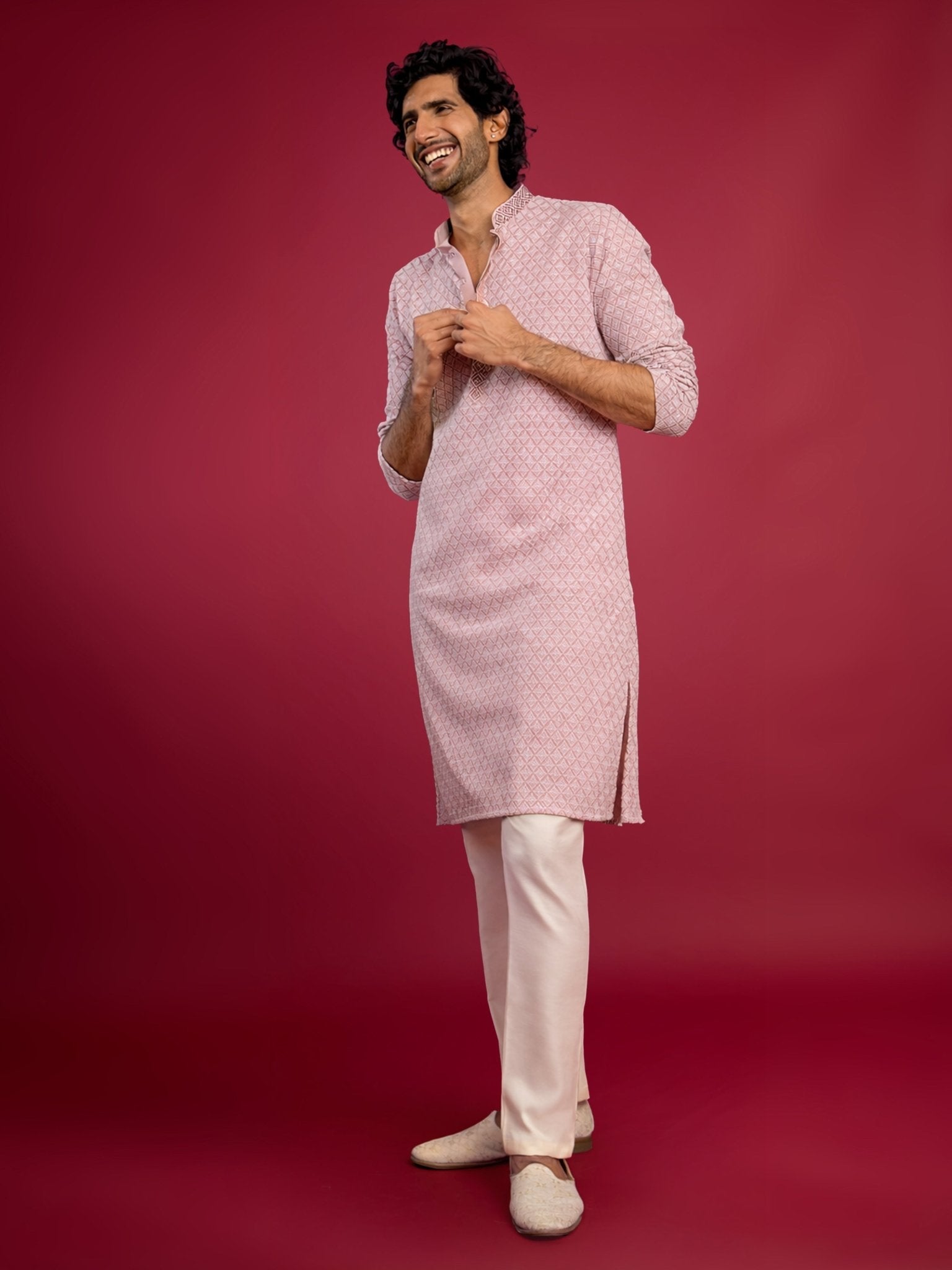 Men's Pink Faux Georgette Kurta with Cream Pyjama Set