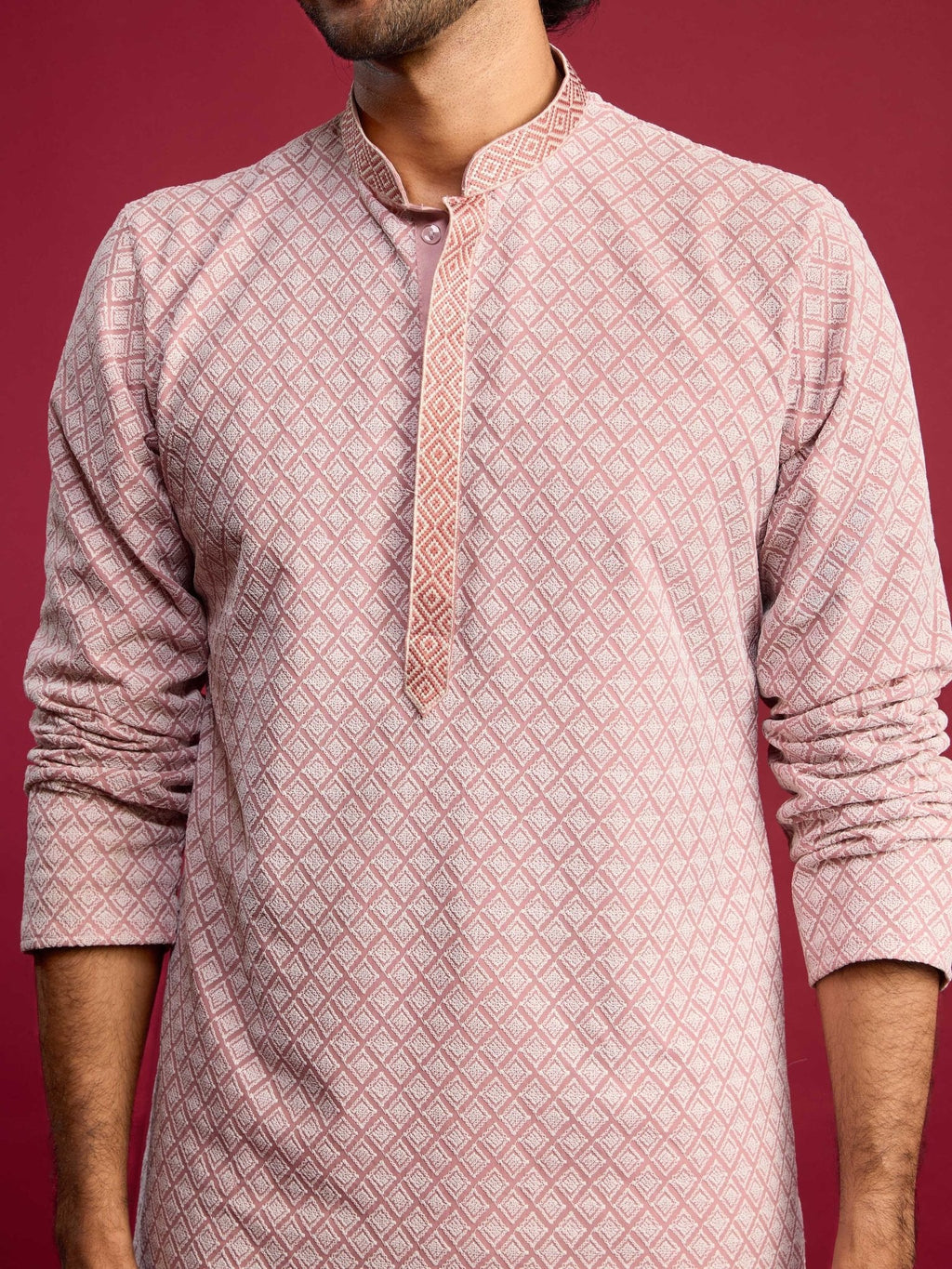 Men's Pink Faux Georgette Kurta with Cream Pyjama Set