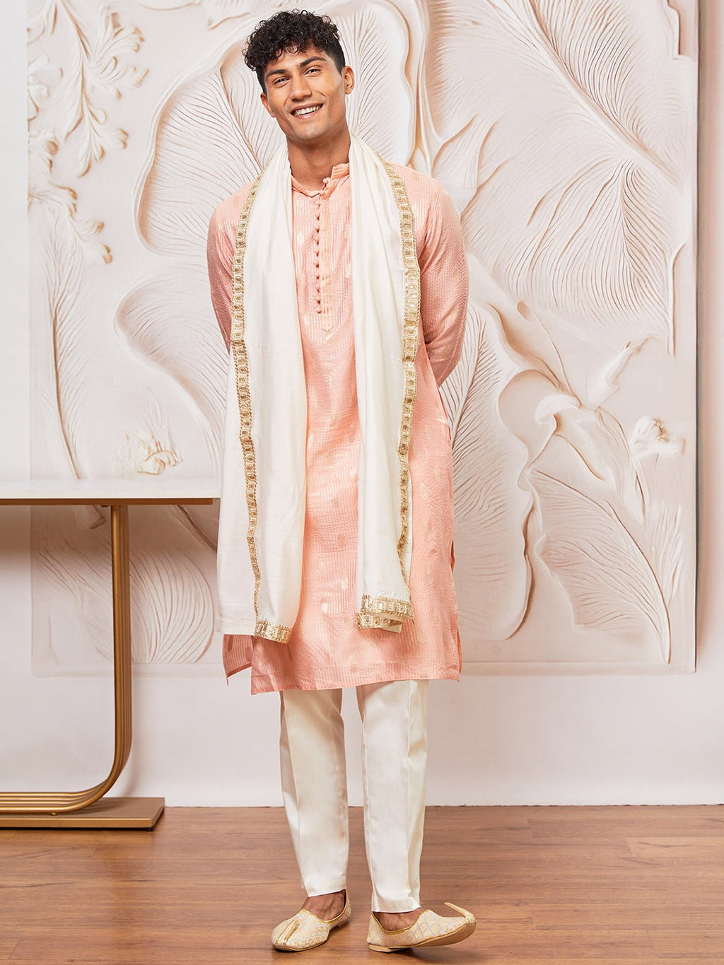 Men's Pink Gold Jacquard Zari Kurta with Pyjama and Lace Border Dupatta Set