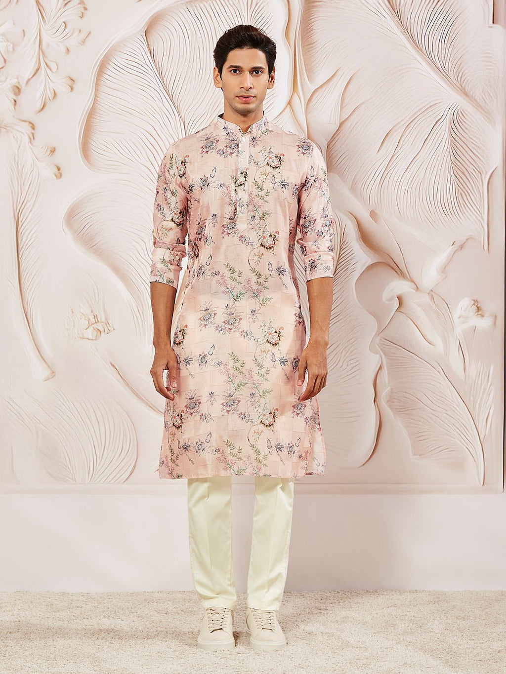 Men's Pink Printed Kurta Pyjama Set with Cream Viscose Pyjama
