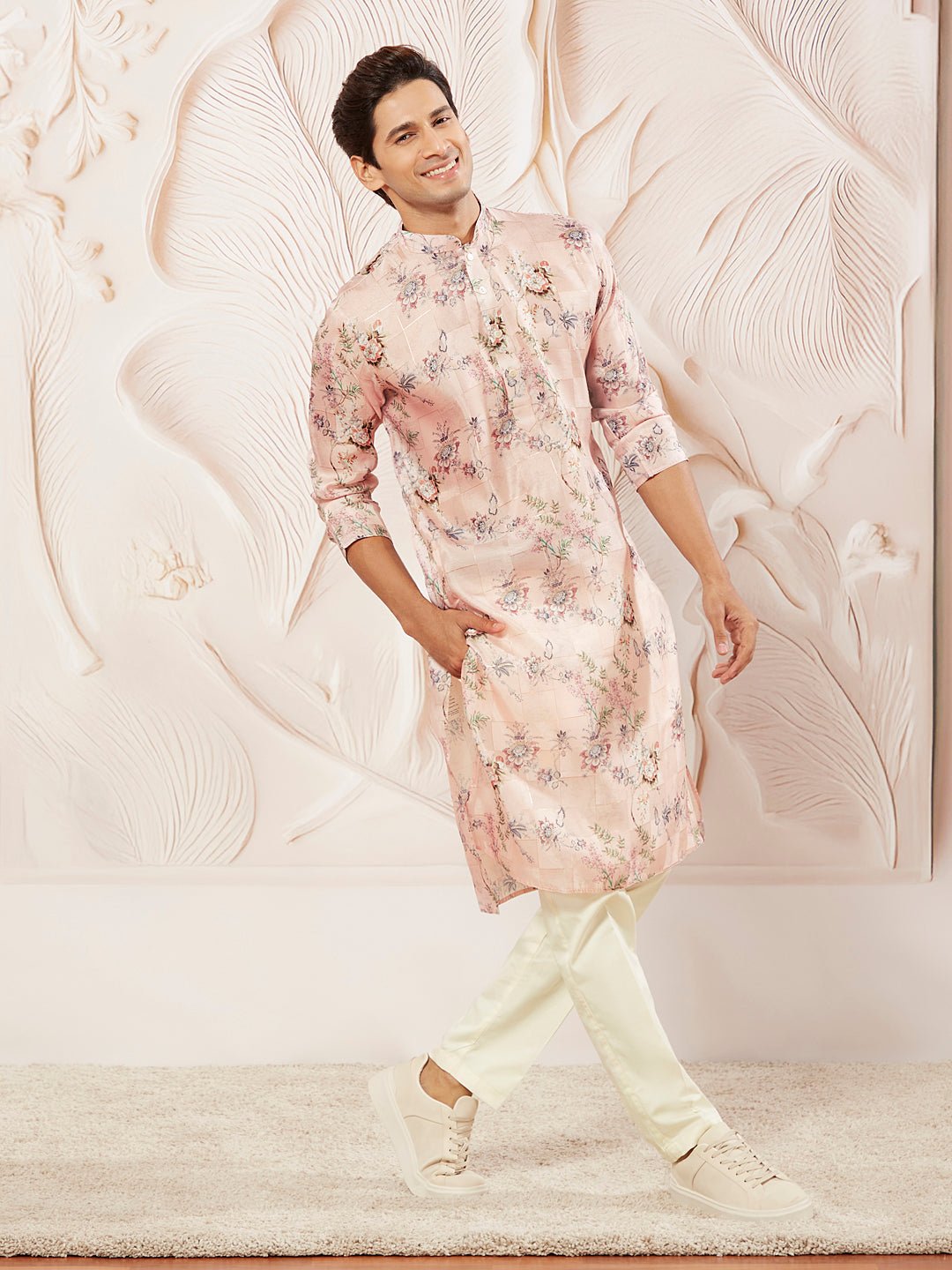 Men's Pink Printed Kurta Pyjama Set with Cream Viscose Pyjama