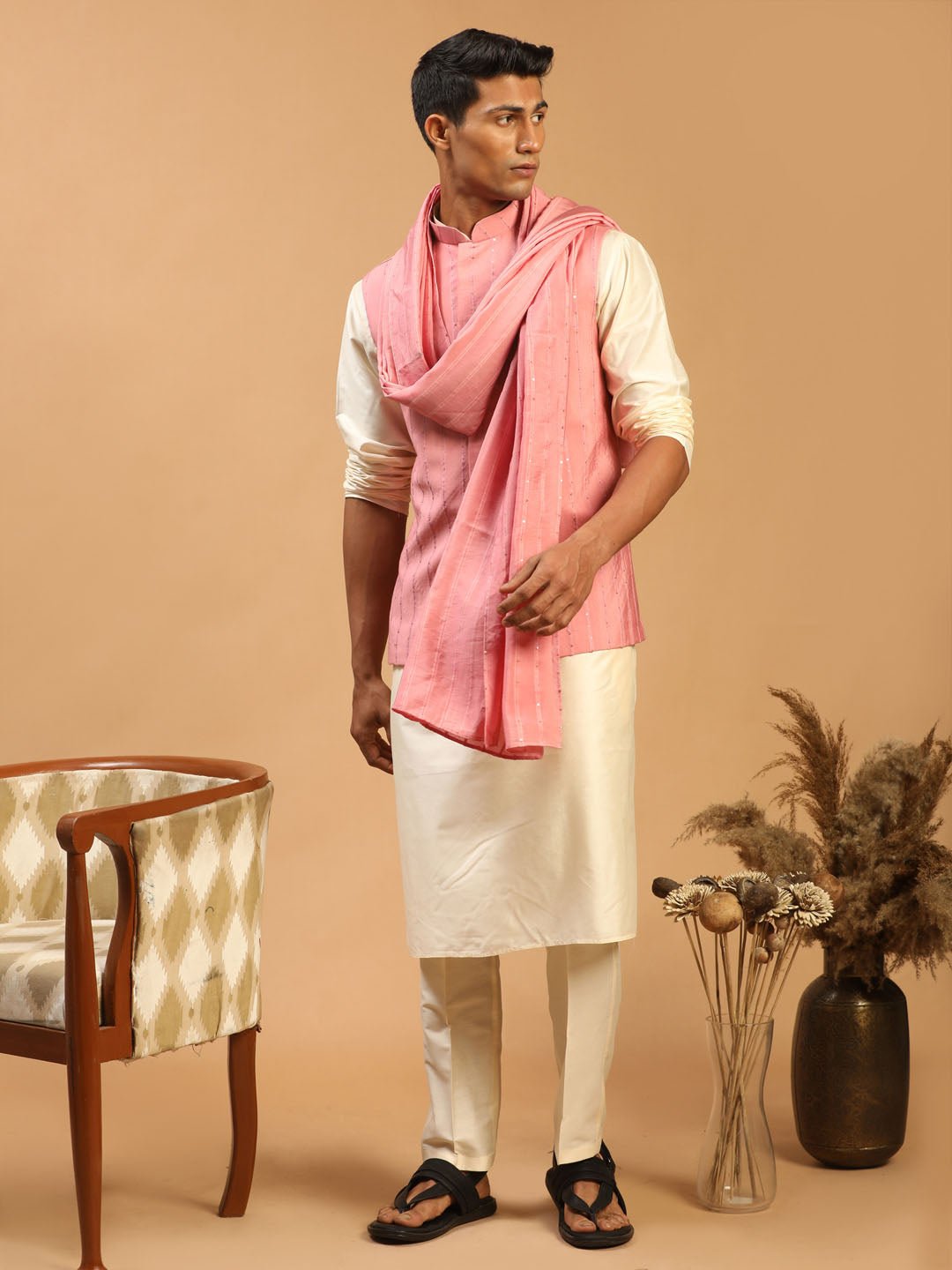 Men's Pink Sequin Nehru Jacket Set with Cream Kurta Pyjama & Pink Sequin Dupatta