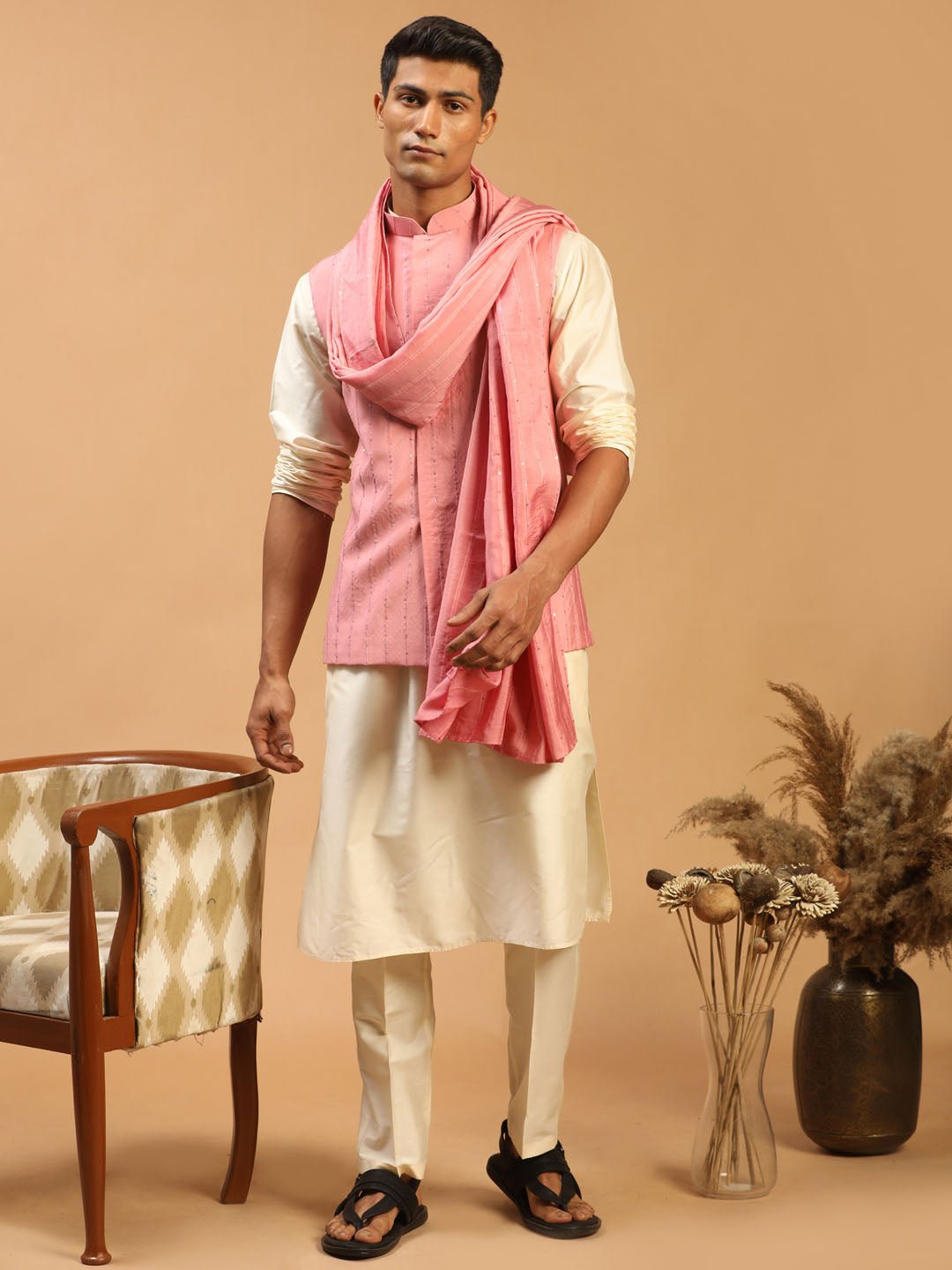Men's Pink Sequin Nehru Jacket Set with Cream Kurta Pyjama & Pink Sequin Dupatta