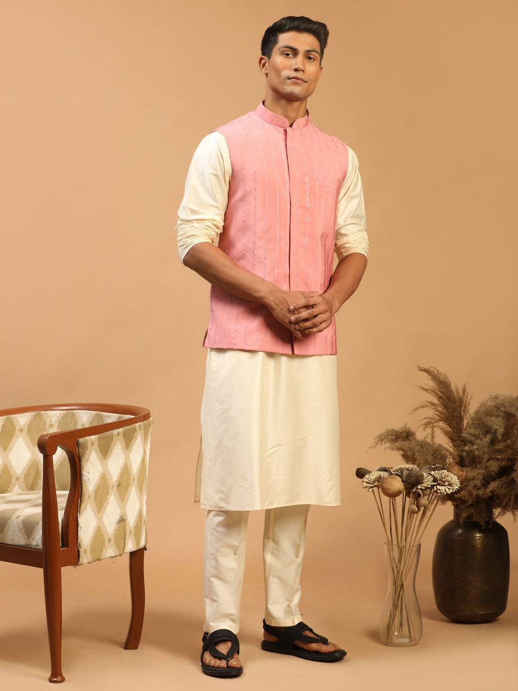 Men's Pink Sequin Nehru Jacket Set with Cream Kurta & Viscose Pyjama