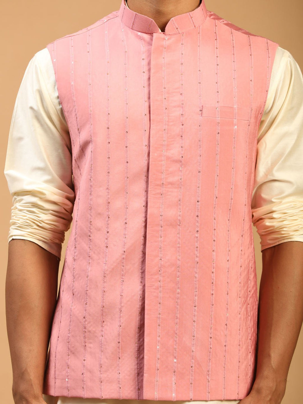 Men's Pink Sequin Nehru Jacket Set with Cream Kurta & Viscose Pyjama