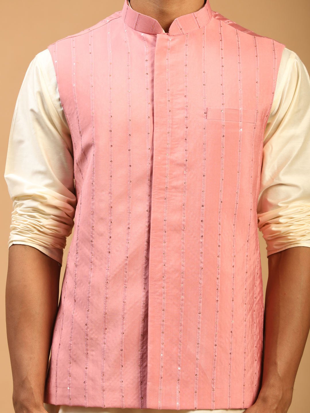 Men's Pink Sequin Nehru Jacket Set with Cream Kurta & Viscose Pyjama
