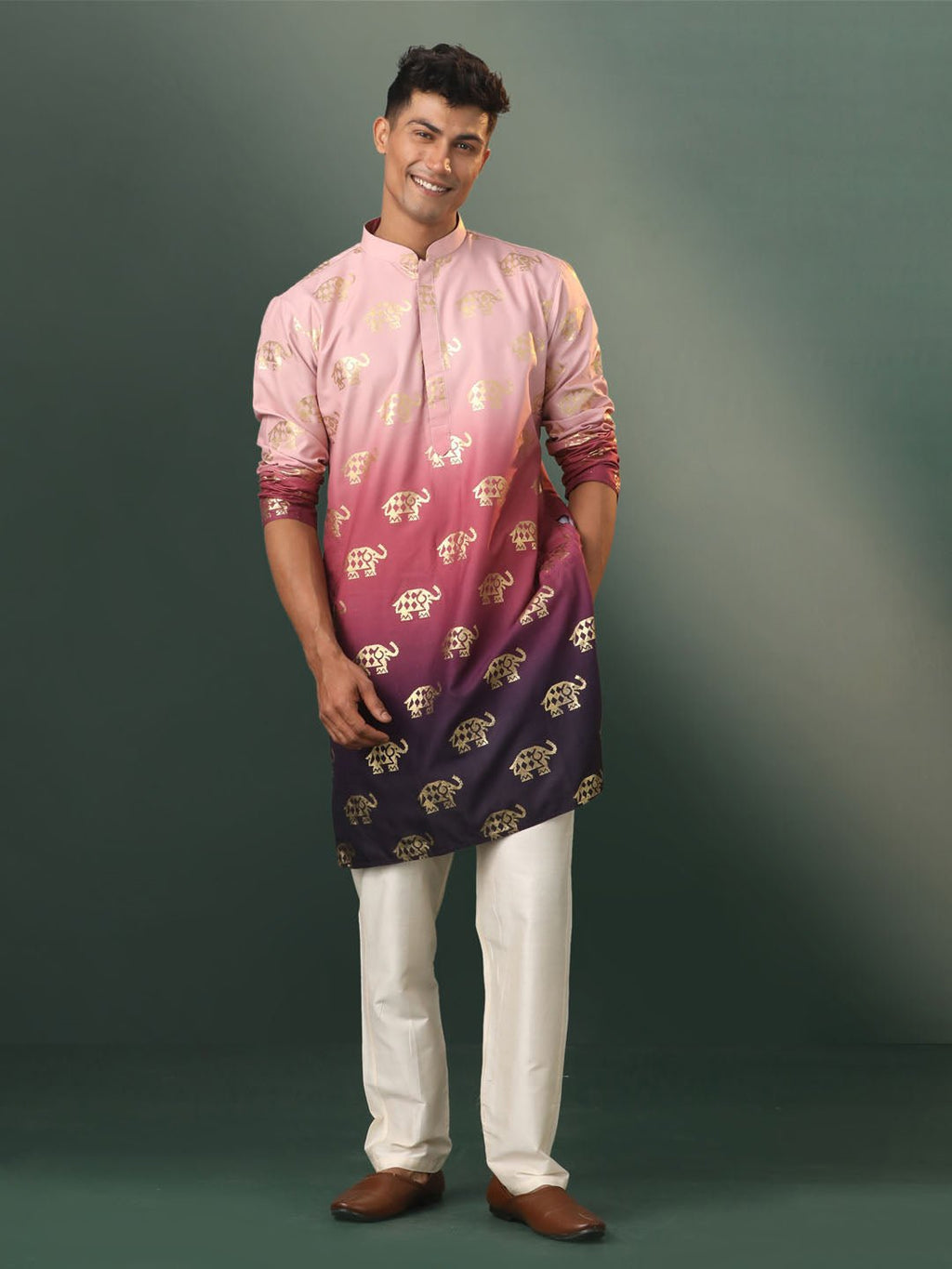 Men’s Pink Silk Blend Foil Elephant Print Kurta with Cream Pyjama Set