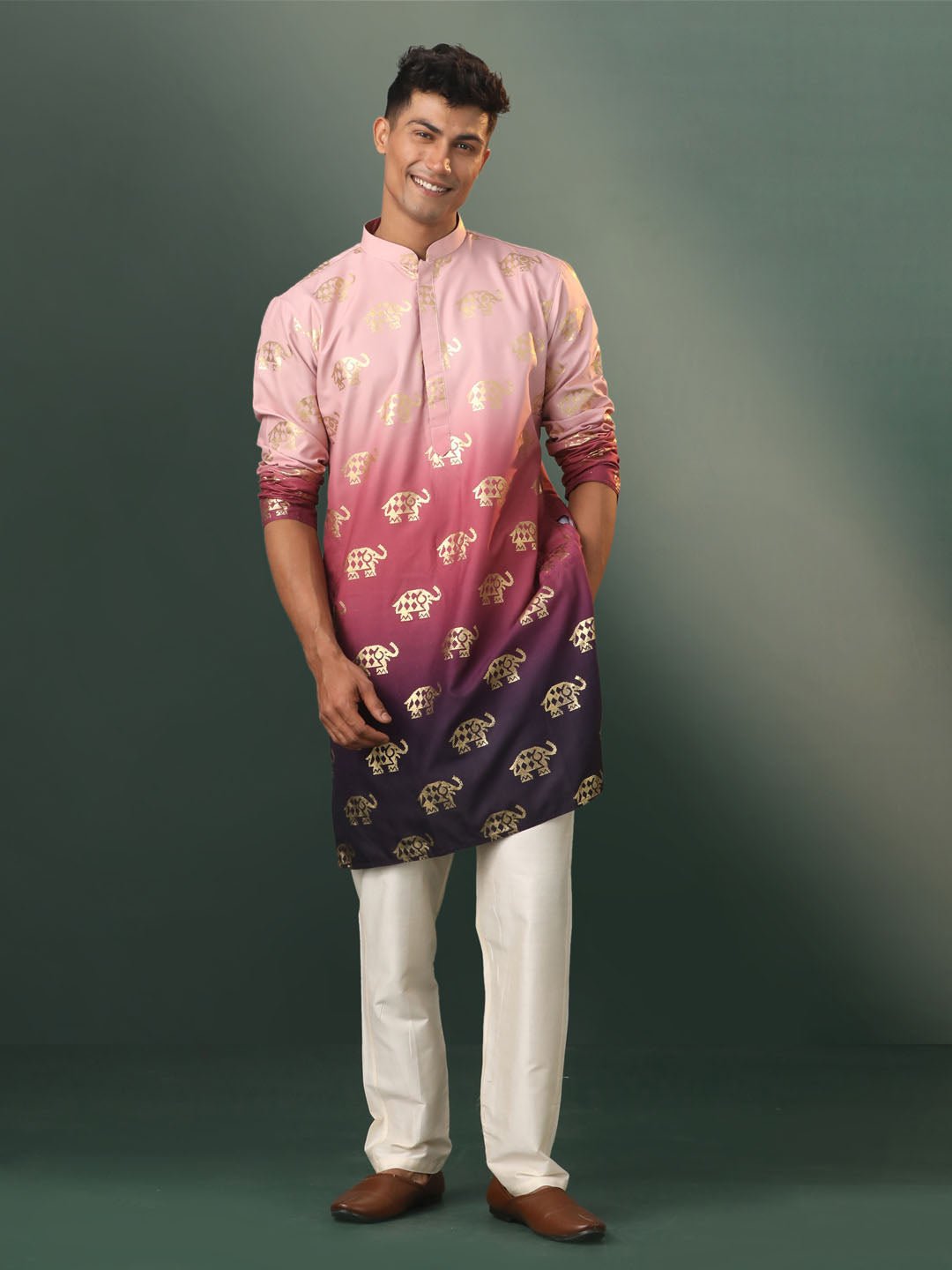 Men’s Pink Silk Blend Foil Elephant Print Kurta with Cream Pyjama Set