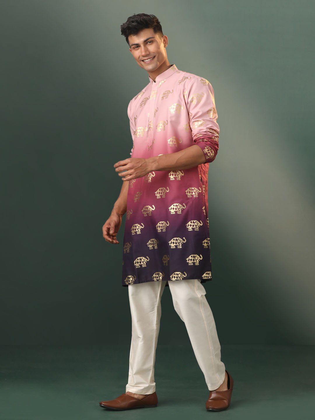 Men’s Pink Silk Blend Foil Elephant Print Kurta with Cream Pyjama Set