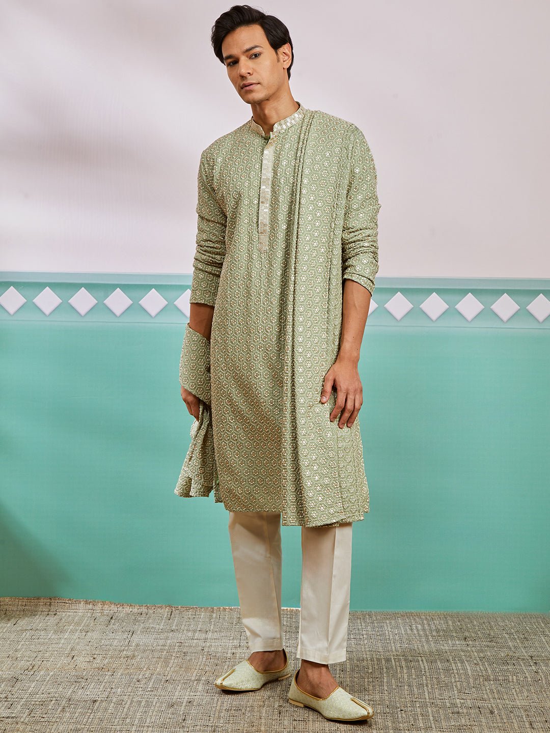 Men's Pista Green Chikankari Rayon Kurta with Cream Pyjama & Pista Embroidered Dupatta