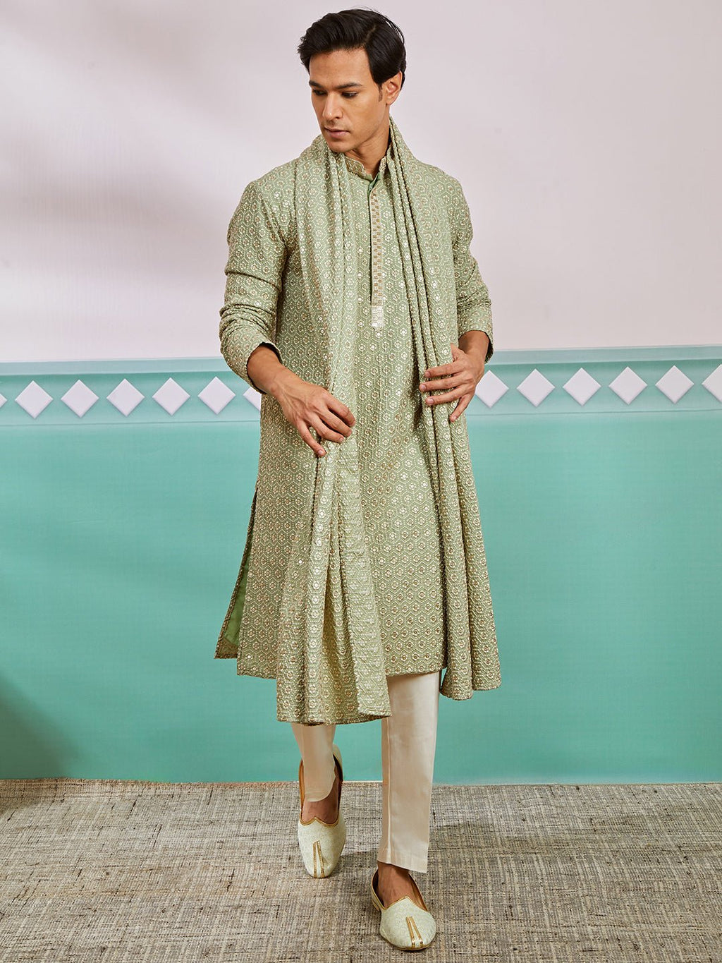 Men's Pista Green Chikankari Rayon Kurta with Cream Pyjama & Pista Embroidered Dupatta
