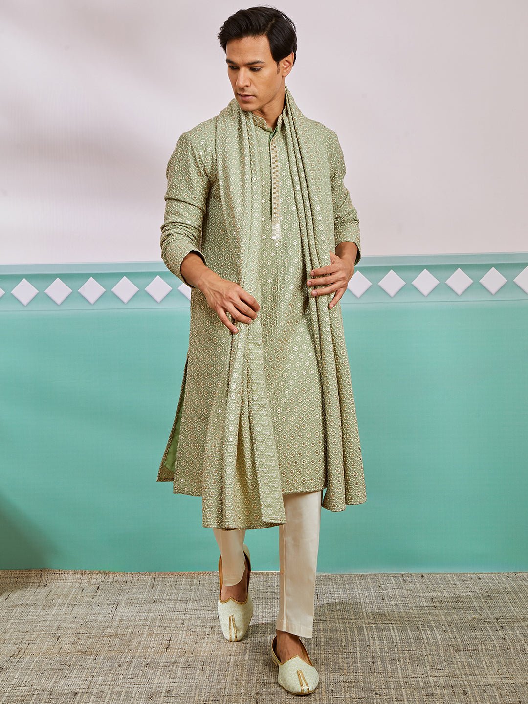 Men's Pista Green Chikankari Rayon Kurta with Cream Pyjama & Pista Embroidered Dupatta
