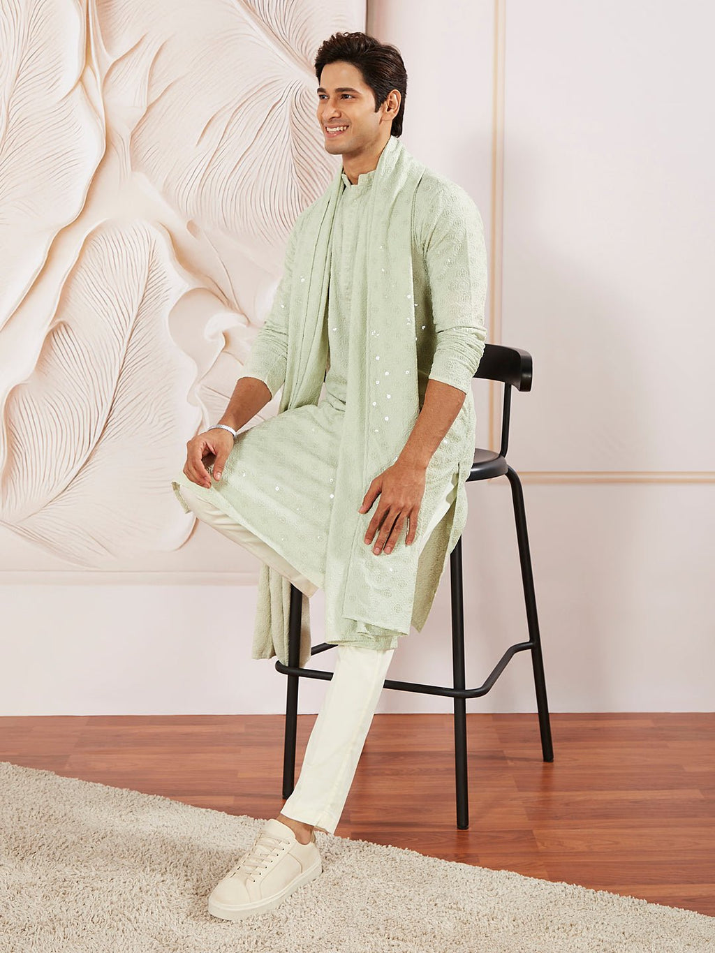 Men's Pista Green Rayon Kurta Pyjama Dupatta Set