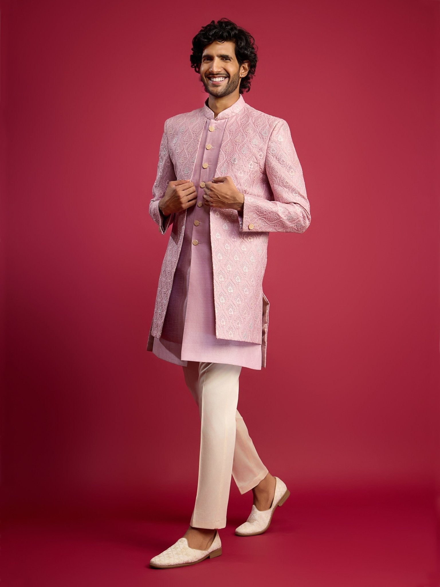 Men's Purple Embroidered Silk Blend Indo-Western with Cream Pant Style Pyjama