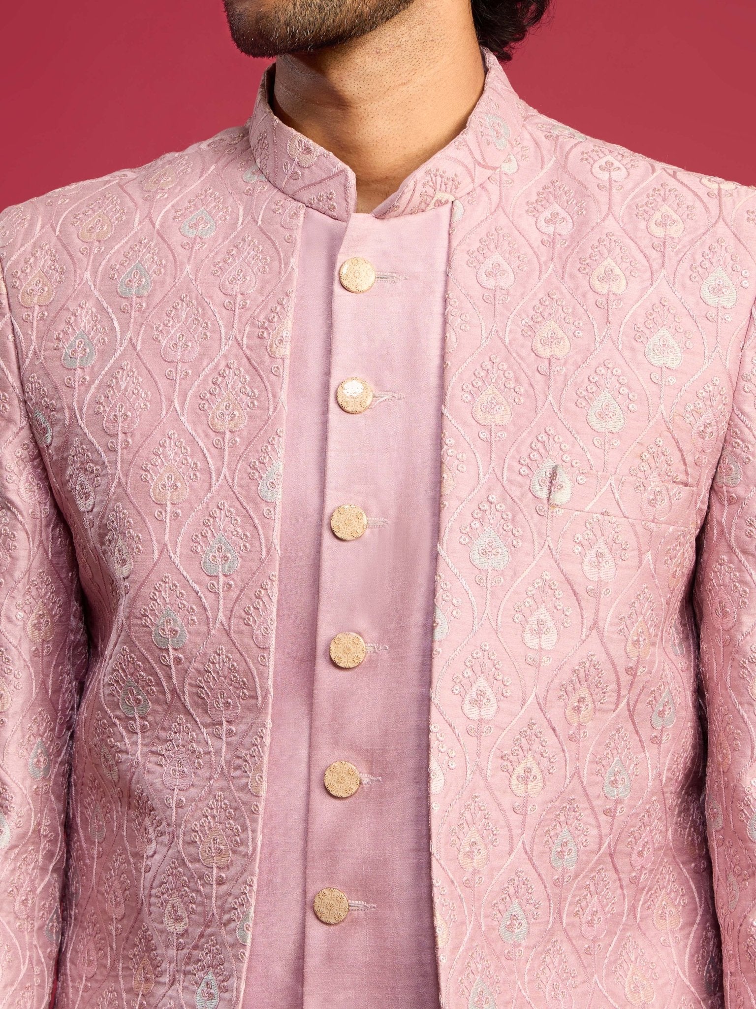 Men's Purple Embroidered Silk Blend Indo-Western with Cream Pant Style Pyjama