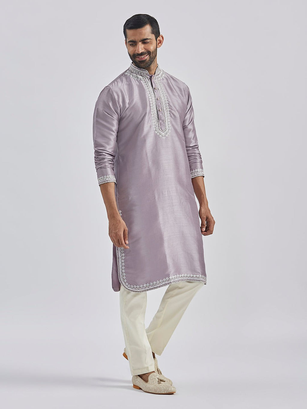 Men's Purple Hand Embroidered Silk Blend Kurta Pyjama Set
