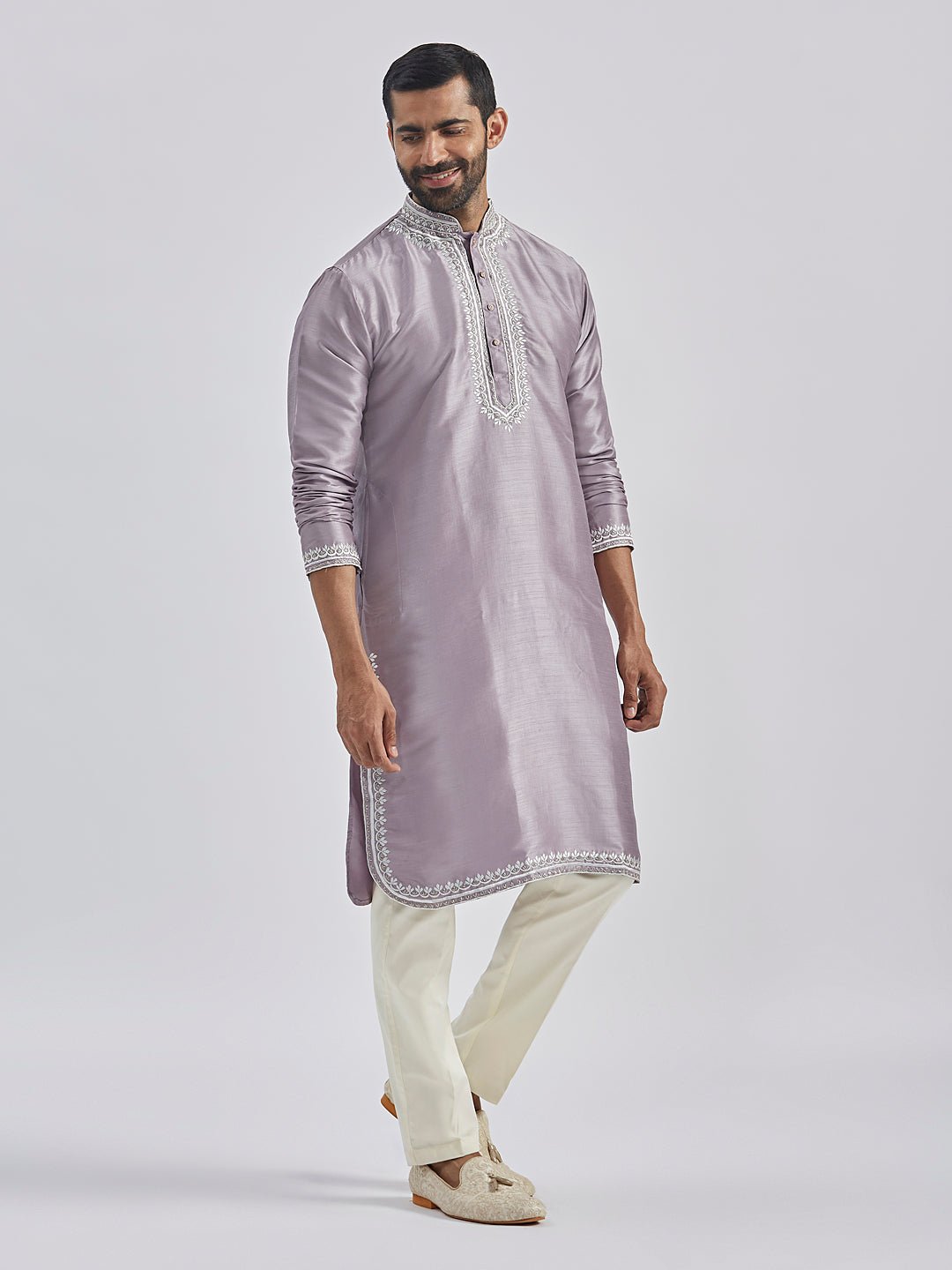 Men's Purple Hand Embroidered Silk Blend Kurta Pyjama Set