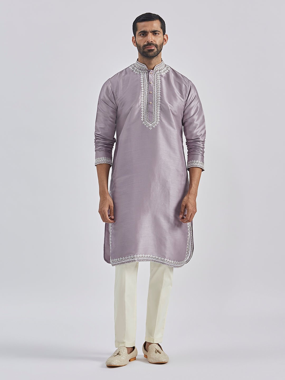 Men's Purple Hand Embroidered Silk Blend Kurta Pyjama Set