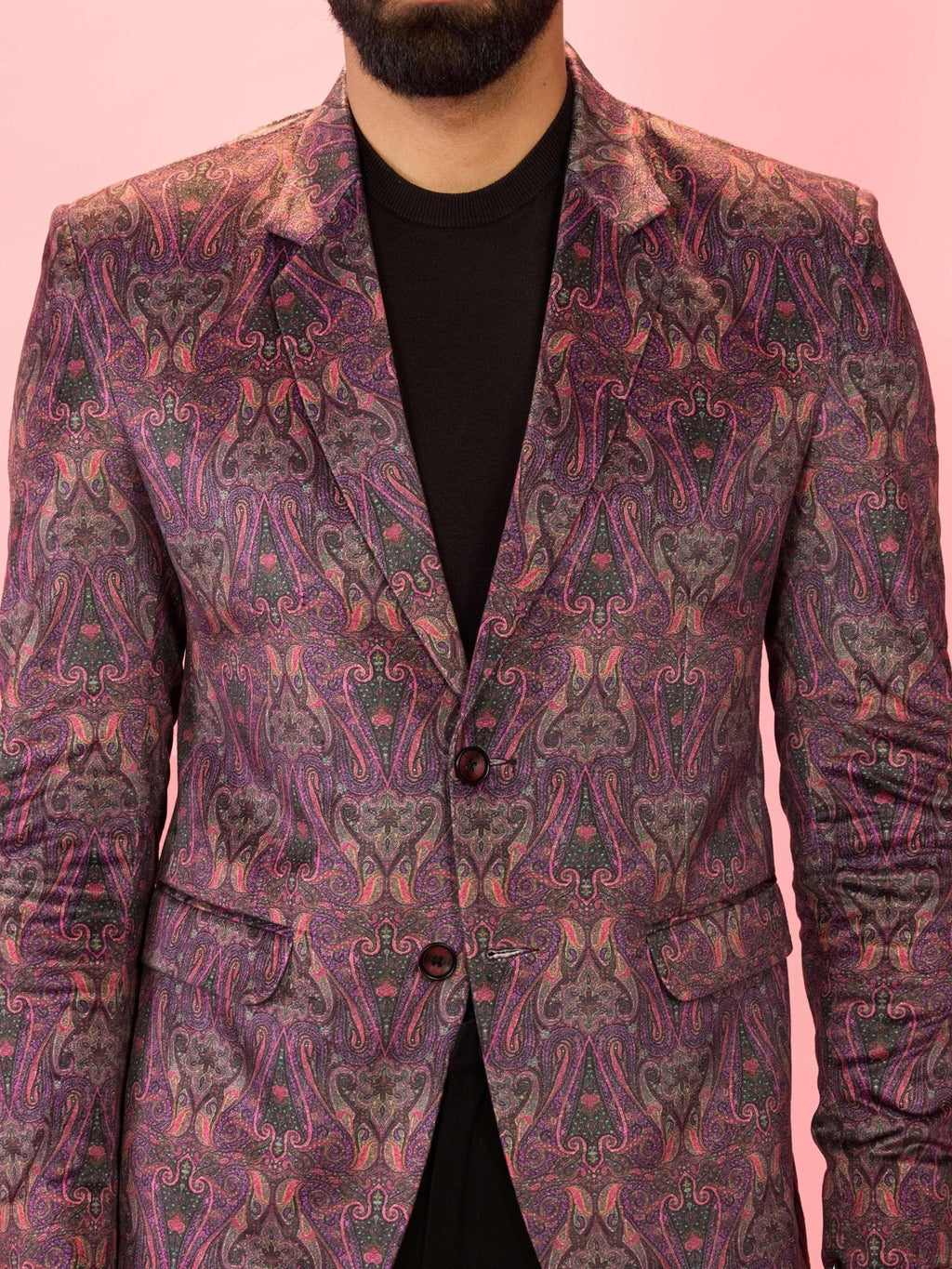 Men's Purple Velvet Paisley Digital Print Blazer & Black Straight Pant Co-ord Set