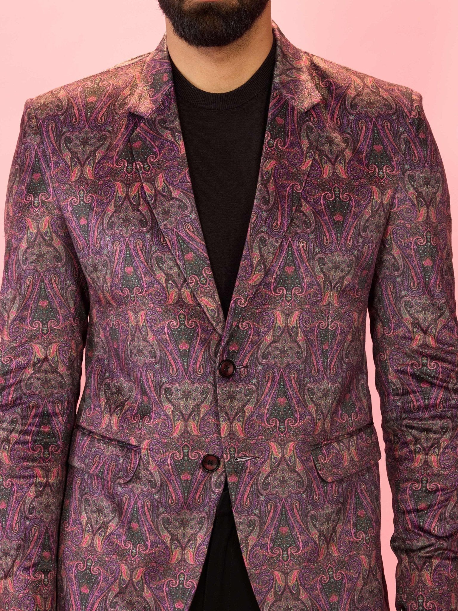 Men's Purple Velvet Paisley Digital Print Blazer & Black Straight Pant Co-ord Set