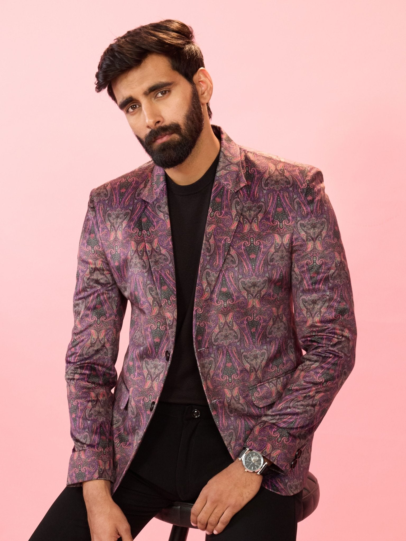 Men's Purple Velvet Paisley Digital Print Notch Collar Wedding Blazer