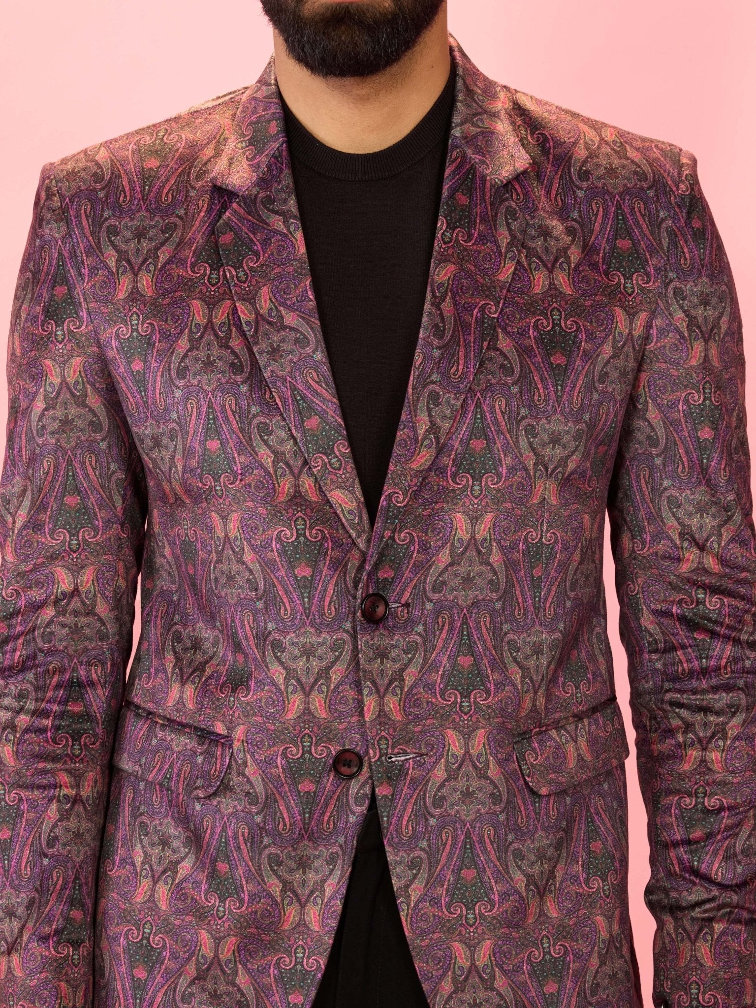 Men's Purple Velvet Paisley Digital Print Notch Collar Wedding Blazer