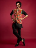 Men's Red Embroidered Nehru Jacket with Black Kurta & Pant Set