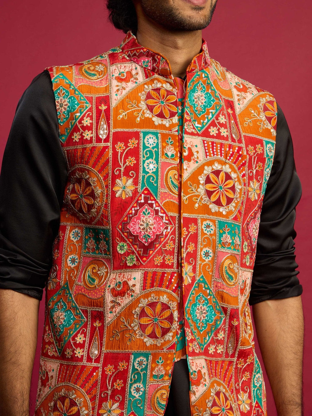Men's Red Embroidered Nehru Jacket with Black Kurta & Pant Set
