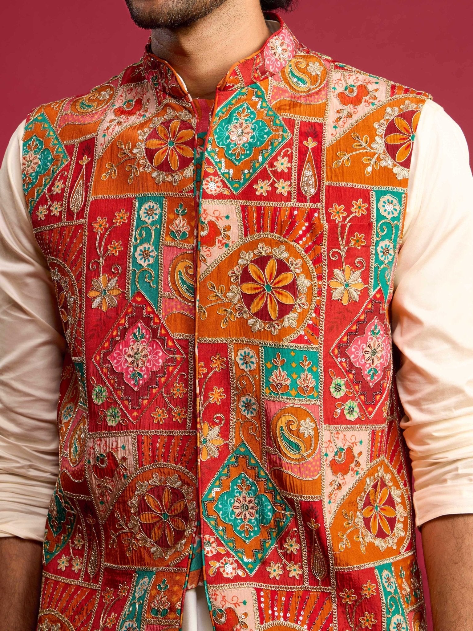 Men's Red Embroidered Nehru Jacket with Cream Kurta & Pant Set