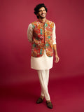 Men's Red Embroidered Nehru Jacket with Cream Kurta & Pant Set